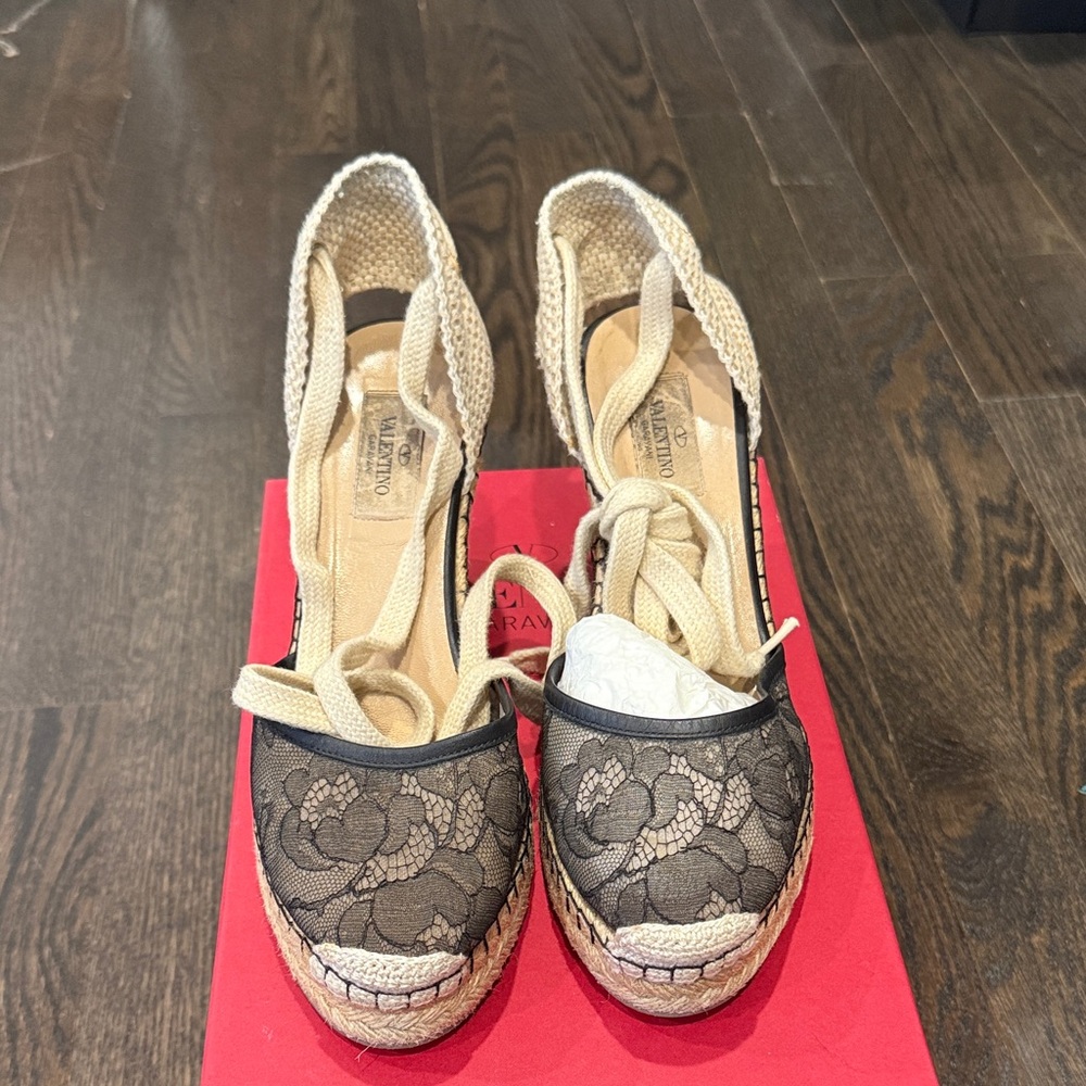 Valentino Black Lace and Beige Espadrilles